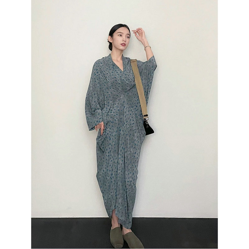 Spanish Niche ~ Silk Printed Skirt High-end Summer Design V-neck Asymmetric Long Bud dress