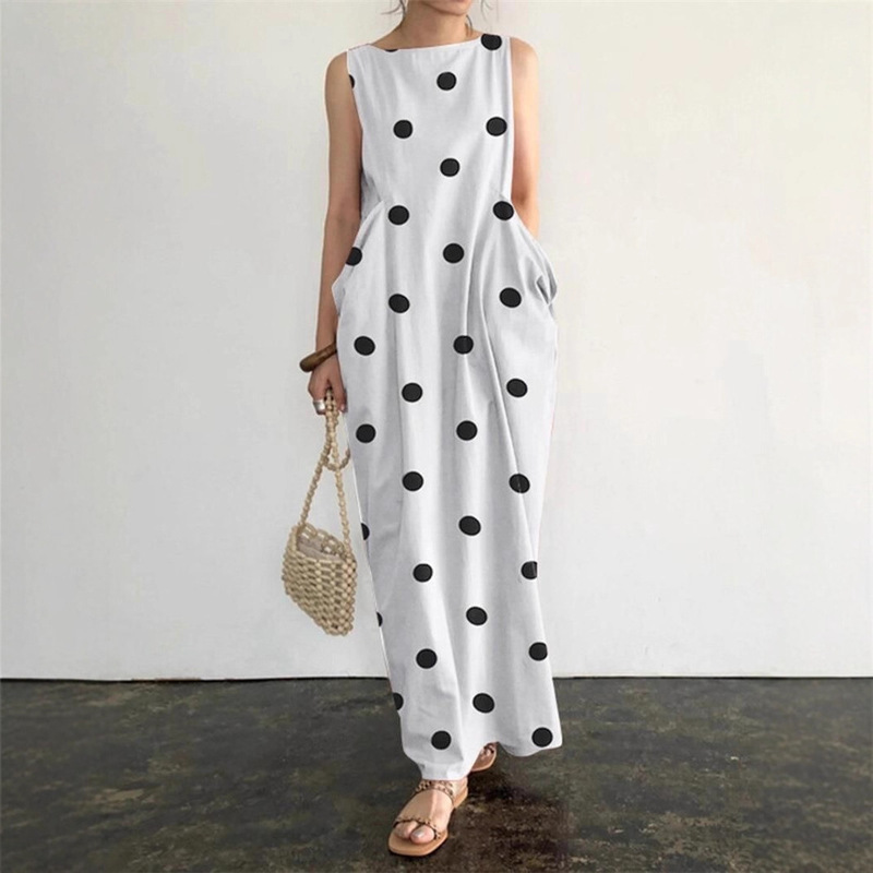 Shipped: 2026 European and American Amazon New Summer Women's Long Dress with Polka Dot Print and Pockets, Loose-Fitting Dress