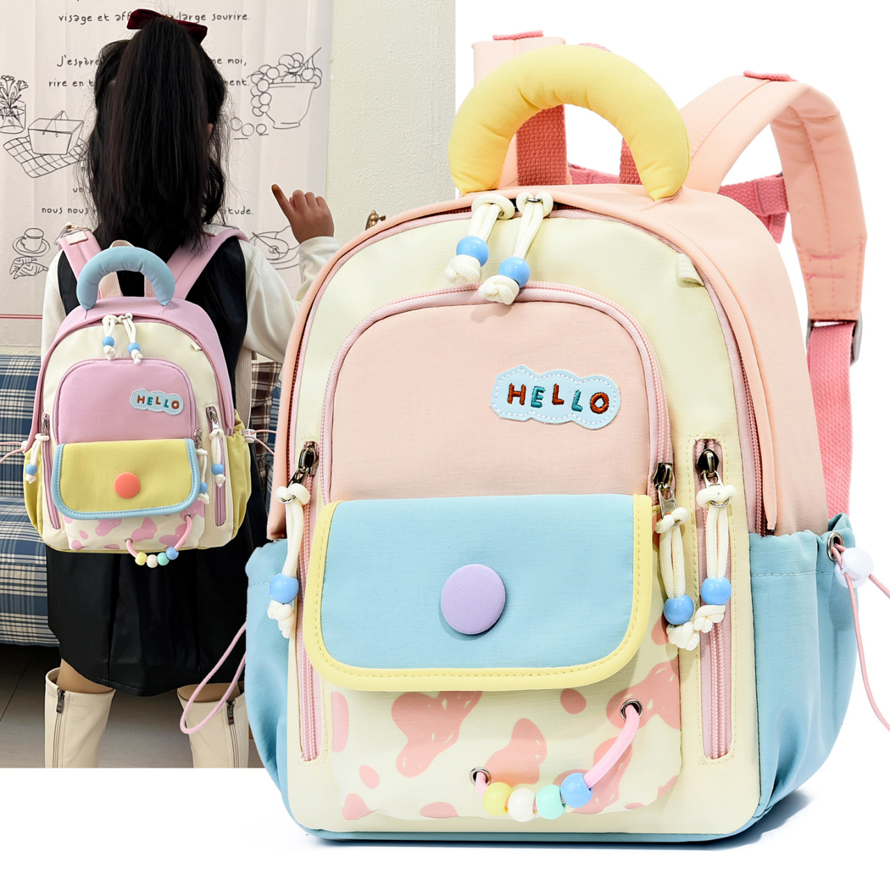 2026 New Kindergarten Backpack for Girls, Cute Color Block Shoulder Bag, Lightweight and Soft, Cartoon Style, Children's Spring Outing Backpack