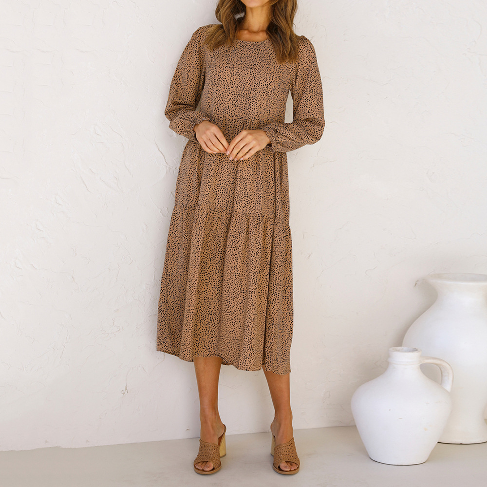 Long-Sleeved Leopard Print Pleated Dress NSJR84261