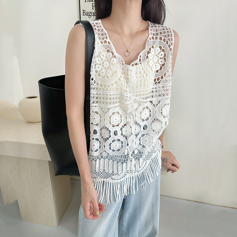 Lace Hollow-Out Vest for Women, Summer 2026 New Style, Loose Thin Cover-Up, Crochet Strap Tassel Sleeveless Top