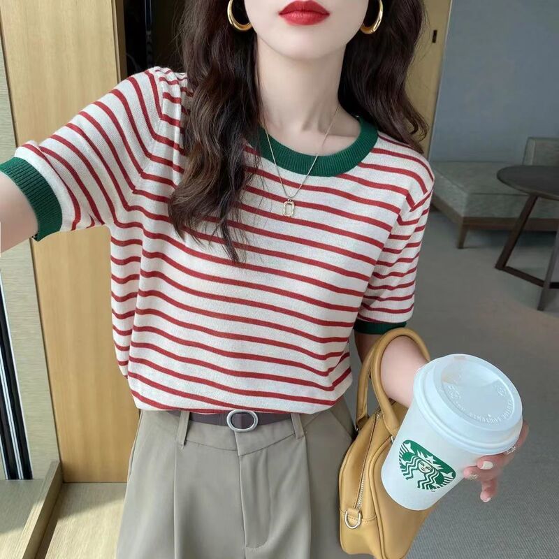 Slim Thin Stripesd Ice Silk T-Shirt Women's Summer Loose Short Knitted Top Ins Trend 2024 New Short Sleeves