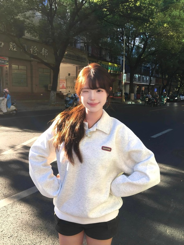 简约休闲POLO领长袖卫衣女春秋新款宽松显瘦美式复古白灰色上衣潮|undefined