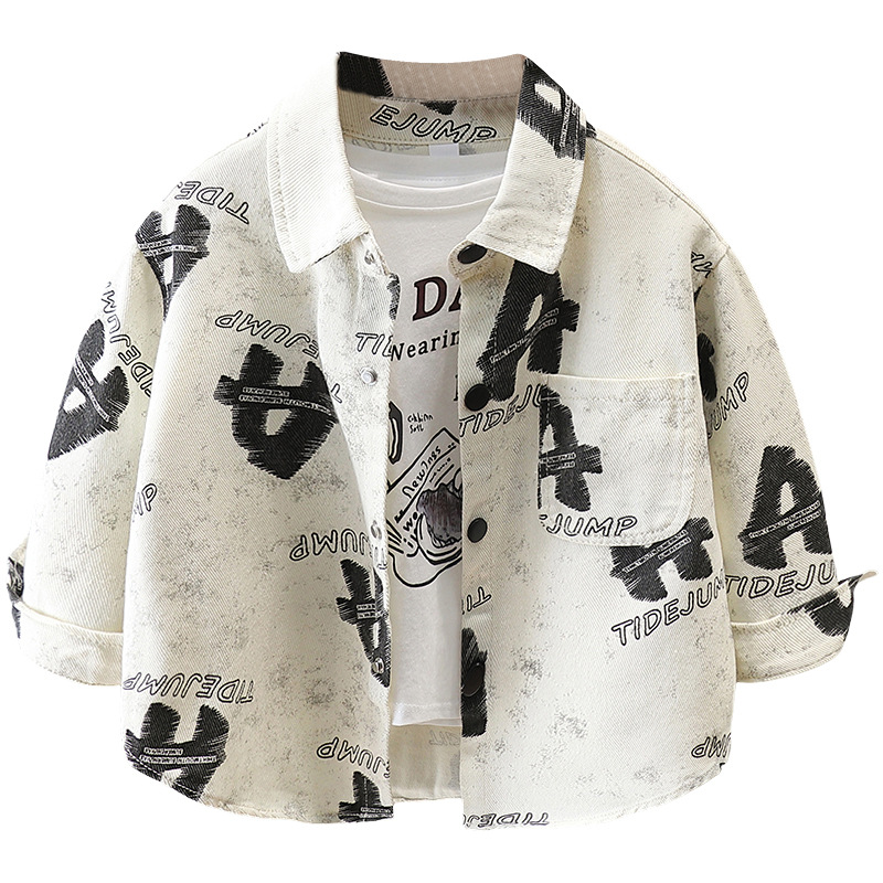 7633 Camisa con letras para niños Ropa de primavera y otoño 2025 Nuevo estilo Estilo occidental Camisa delgada de manga larga Ropa de primavera