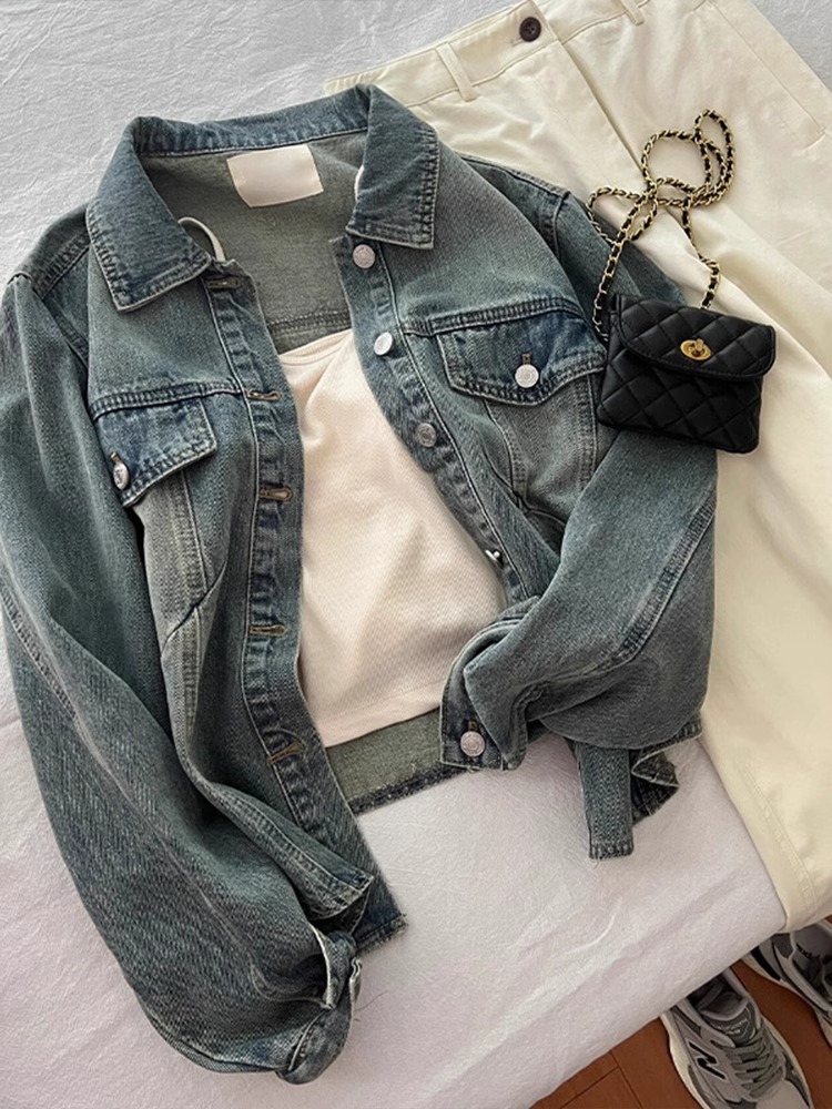 Women's Clothing Vintage Blue Lapel Denim Coat Women's Early Spring Loose All-match Hong Kong-style Jacket Short Top_voghion.com