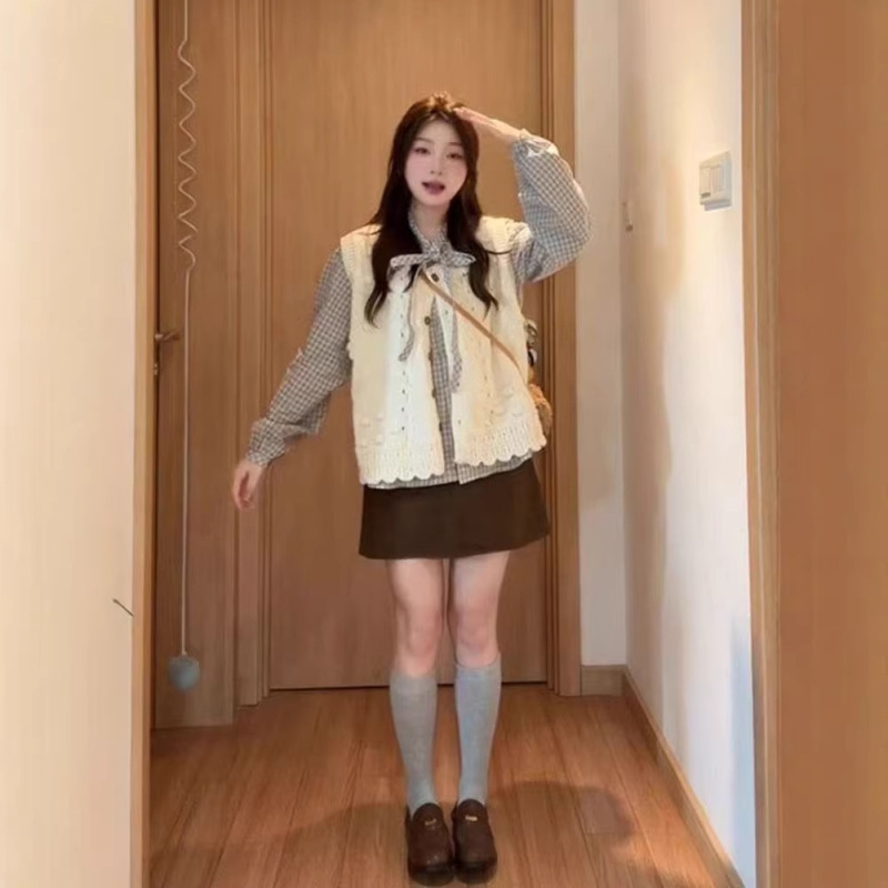 Two-Piece Set: Sweet Off-White Knitted Vest for Female Students Paired with a Plaid Long-Sleeved Tie-Up Shirt