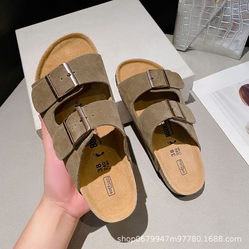 Bk Sandals for Men and Women, Double-Breasted Birkenstock Shoes for Outer Wear, Genuine Leather Cork-Soled Cow Suede Birkenstock Shoes