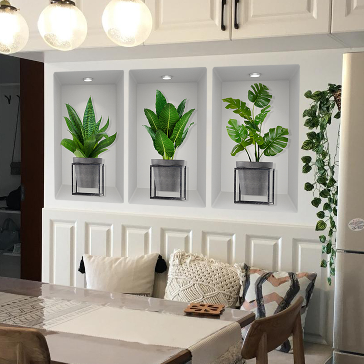 ATW2018 Adesivo de Parede Tríptico 3D com Moldura de Vaso de Plantas para Sala de Estar, Quarto, Entrada, Escada e Casa_voghion.com