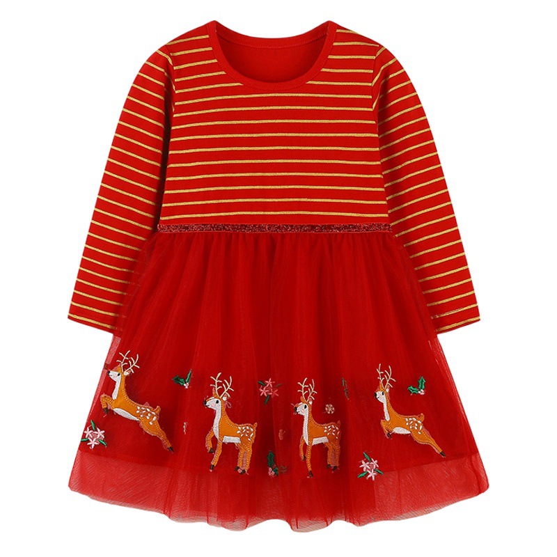 Estilo europeo y americano otoño nuevo vestido de las muchachas de la Navidad elk malla vestido de los niños cuello redondo lindo princesa vestido mezclado lote