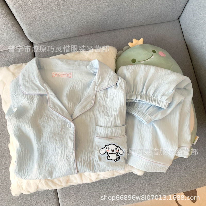 パジャマ女性夏シャトル織り雲綿しわ布insプリンセス風かわいい半袖夏薄い家庭服セット|undefined