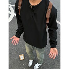 黑色美式亨利领长袖t恤男春季华夫格卫衣外穿潮牌宽松打底衫上衣