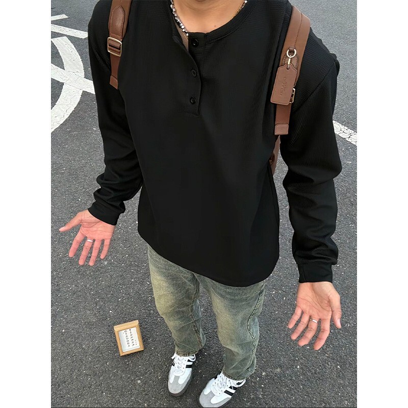 Black American-style Henry Collar Long-sleeved T-shirt Men's Spring Waffle Sweater Outer Wear Trendy Brand Loose Base Shirt Top Black American-style Henry Collar Long-sleeved T-shirt Men's Spring Waffle Sweater Outer Wear Trendy Brand Loose Base Shirt Top