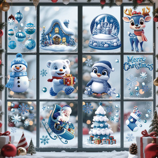 Wholesale Christmas Stickers Blue Christmas Snowman Snowflake Christmas Shopping Mall Scene Layout Window Glass