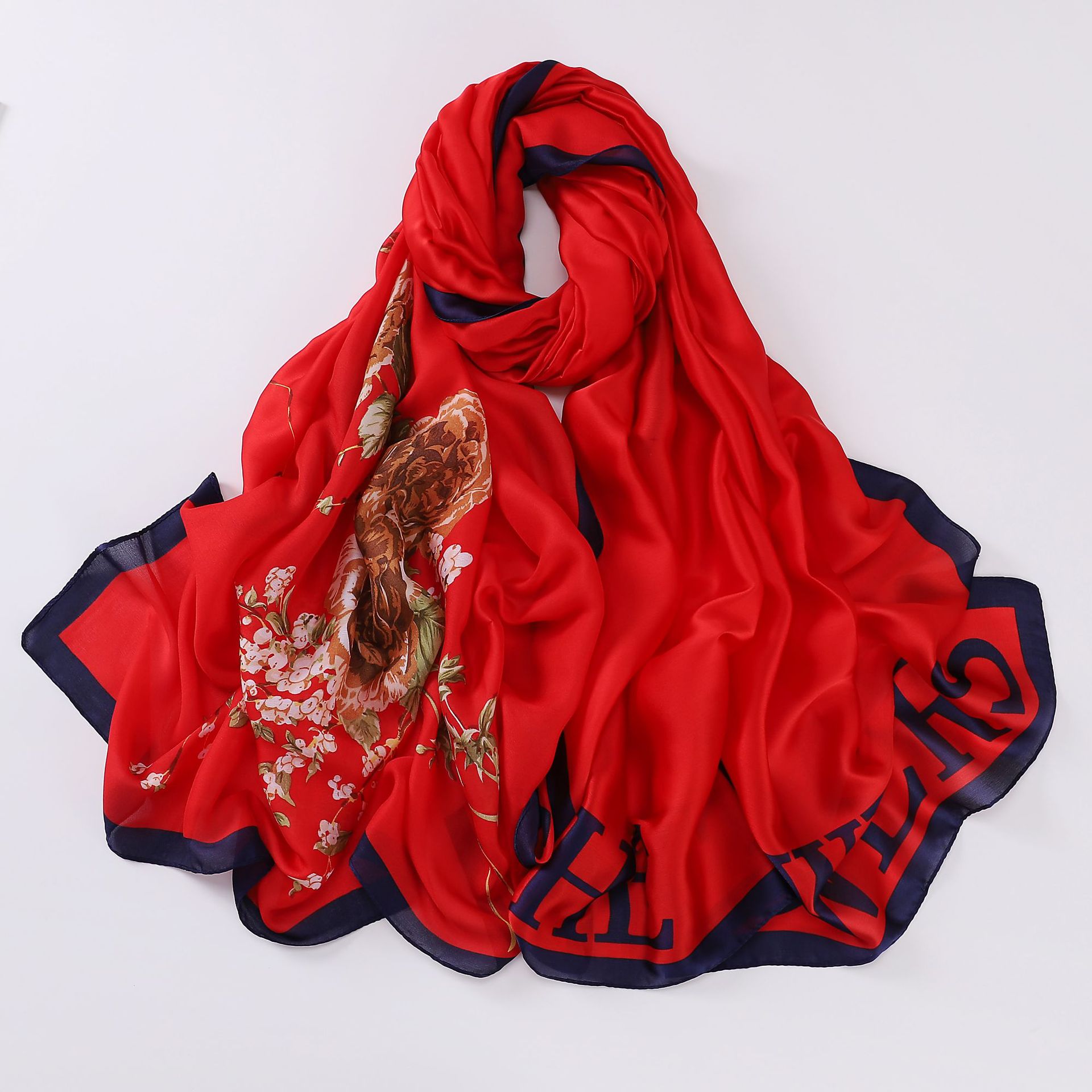 Sciarpa di seta di media lunghezza, regalo rosso festivo per la mamma, motivo floreale, semplice e traspirante sciarpa con protezione solare_voghion.com