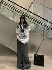 猫プリントラウンドネック半袖tシャツ女性夏2025新型ゆるいデザイン感衝突色chi百合上着