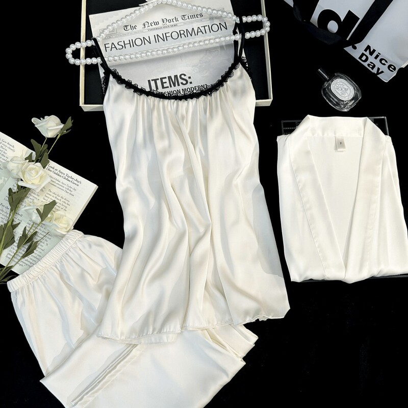 Summer French-Style Romantic Lace Trim Camisole, Long Pants, Bathrobe, and Pajamas Three-Piece Set for Women with Chest Pads