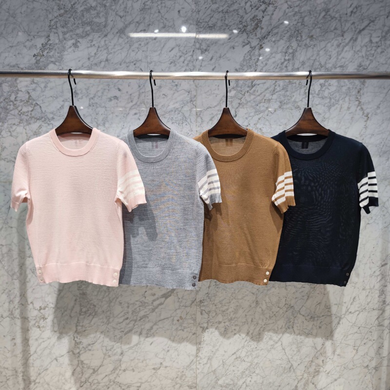 25Ss Tb Style Knitted Short-Sleeved Arm Four-Bar Knitwear Round Neck Small Knitwear Women's Fine Imitation Wool