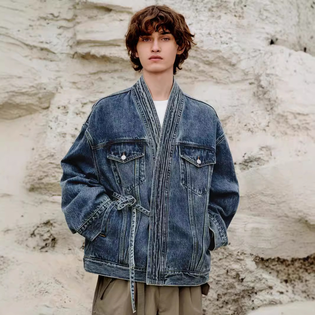 Autumn New Men's Wear New Chinese Irregular Symmetrical Design Sense Niche Loose Lace-up Denim Jacket for Men and Women