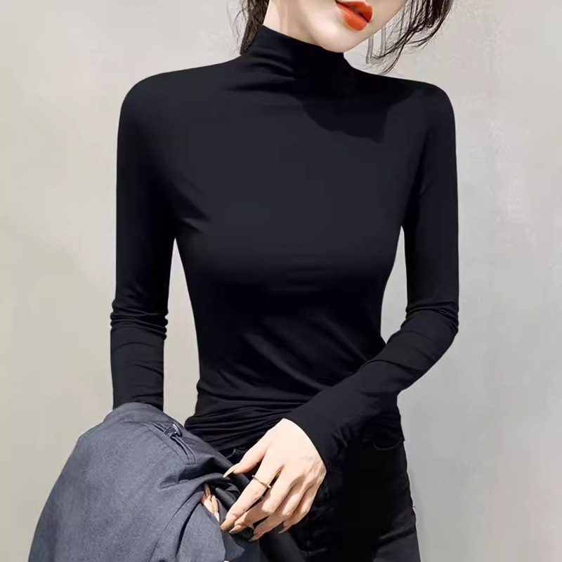 Modal High Collar Base Shirt Women's Autumn and Winter Suit with Foreign Style Long-Sleeved T-Shirt Slim-Fit Thin Pile Collar Top