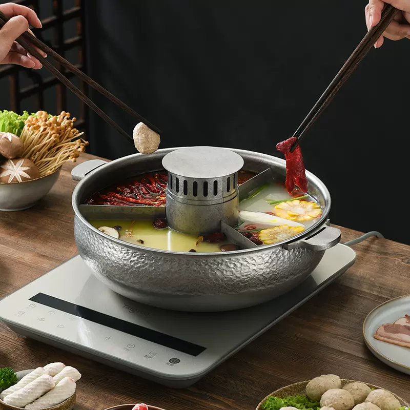 意创304特厚不锈钢锤纹鸳鸯火锅电磁炉燃气灶通用涮锅商用无烟锅