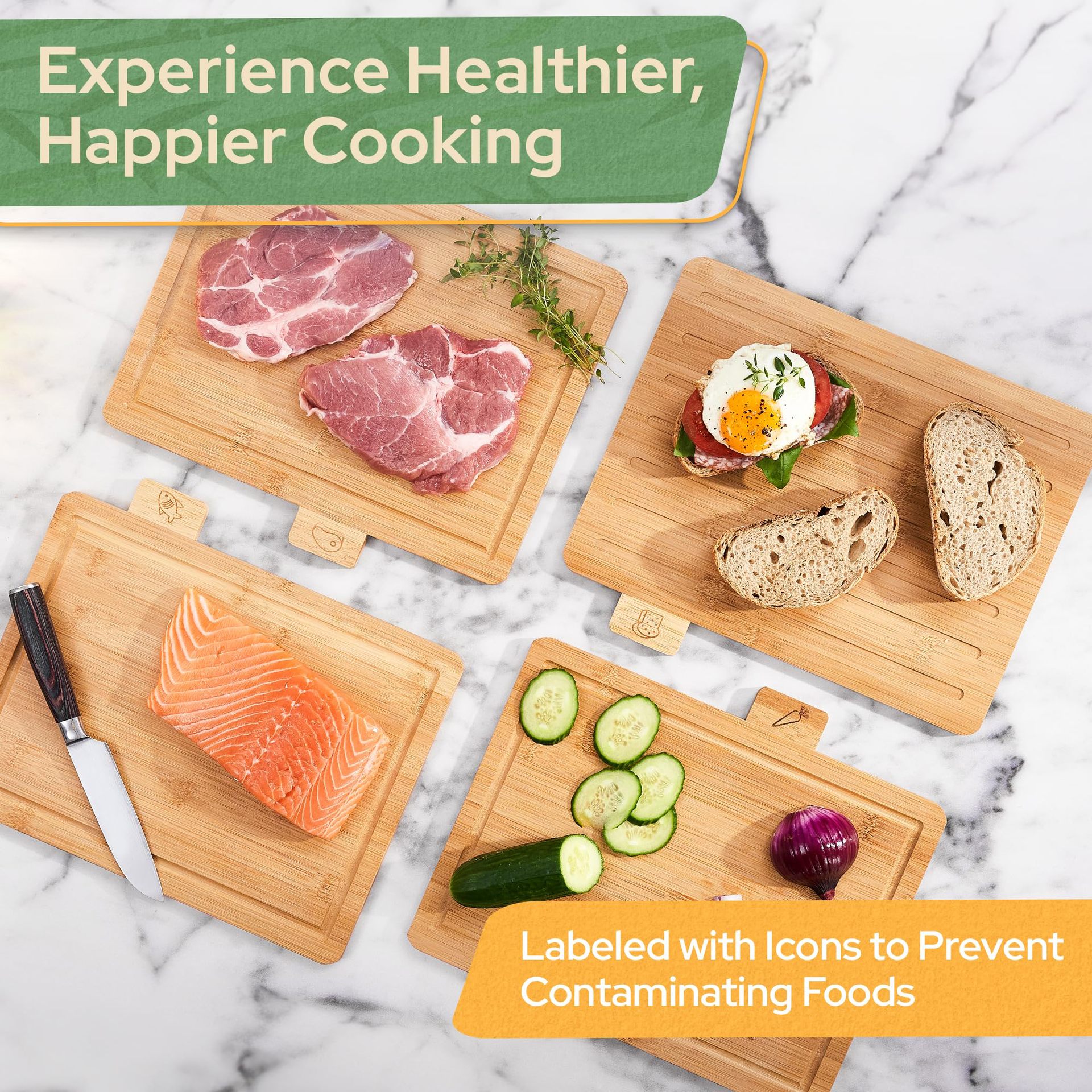 Cocina de madera de bambú tablero de corte de 4 piezas conjunto de tablero de corte de carne compartimiento tanque de jugo con icono de alimentos pan verduras frutas