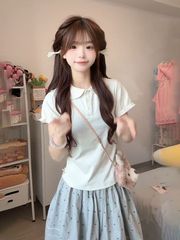 2025夏季日系甜美风娃娃领短袖上衣搭配格纹高腰半身裙两件套装女