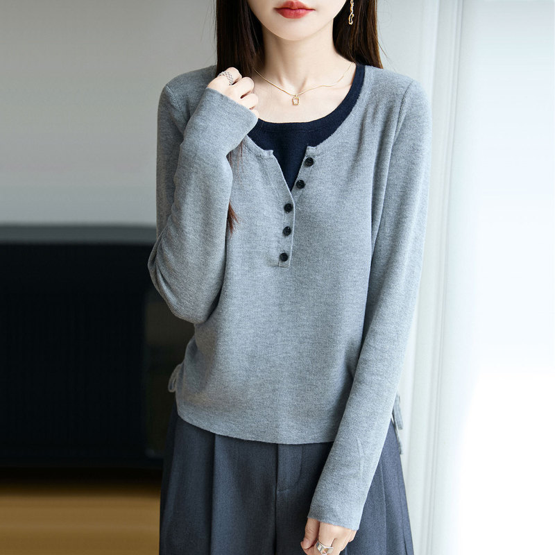2025秋季新款假两件女士针织衫毛衣气质修身显瘦长袖上衣女A7124|undefined