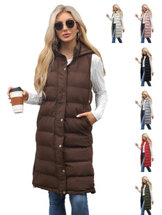 2025 New Autumn and Winter Women's Hooded Sleeveless Vest Long Pure Color Zipper Quilted Thickeneded Jacket Cross-Border Women's Clothing