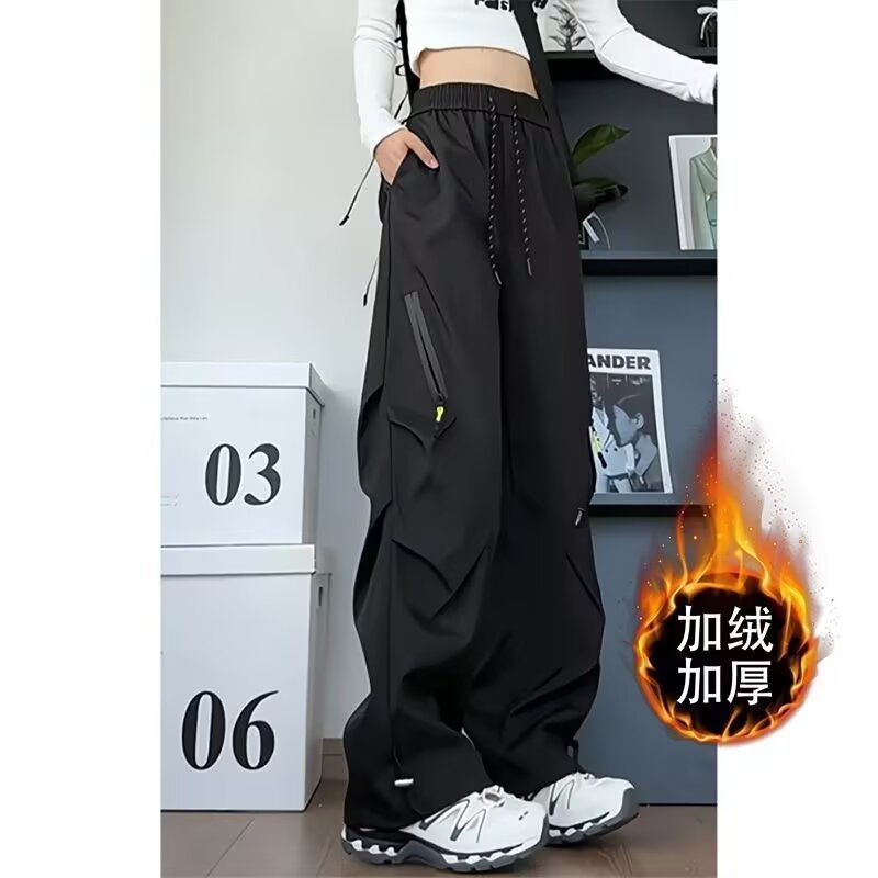 Pleated Fleece-Lined Cargo Sweatpants Unisex American Style Trendy New Versatile Comfortable Design Simple Straight-Leg Long Pants