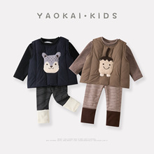 2025秋冬新款婴幼儿加绒加厚三件套宝宝马甲打底衫打底裤保暖套装