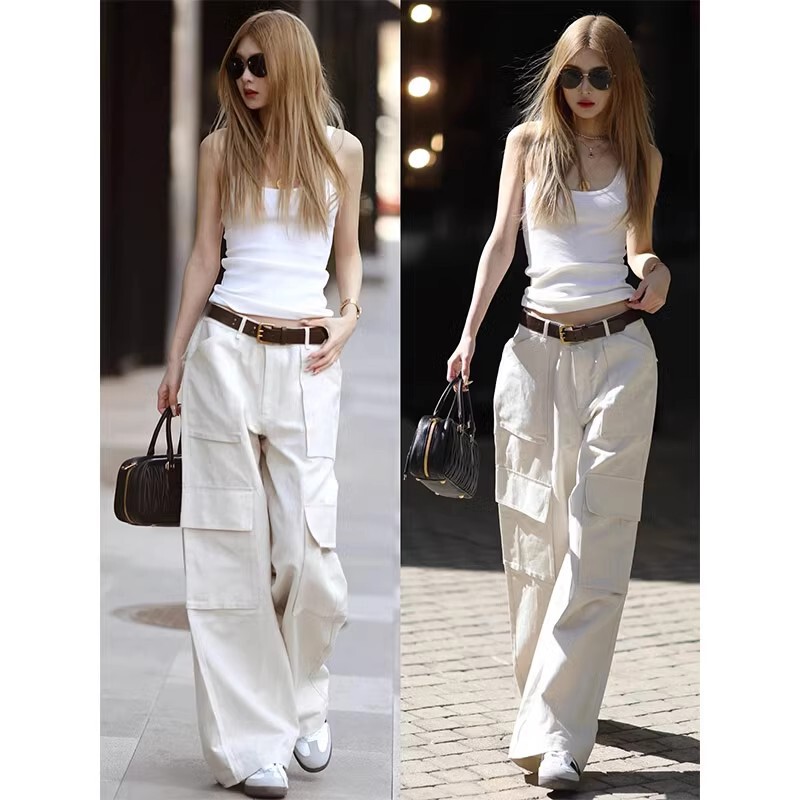 2024 New High Waist Multi-Pocket White Wide Leg Overalls Women's Loose Casual High Dipped Casual Pants