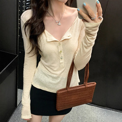 早秋韩系半开领长袖T恤女夏薄款微透正肩修身打底衫气质辣妹上衣