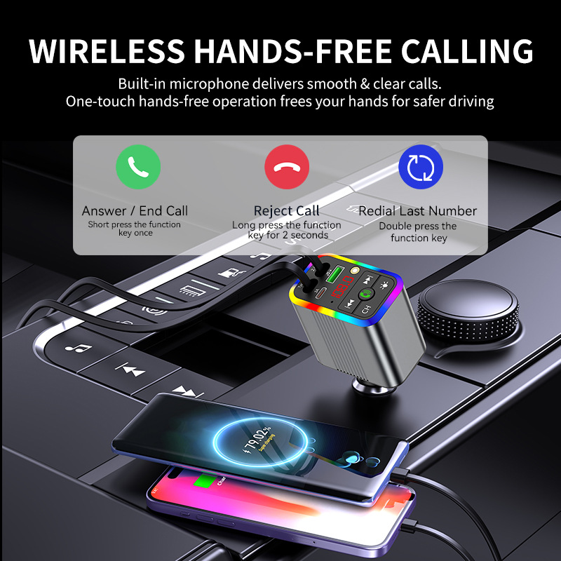 R3 car charger, Bluetooth MP3 receiver, starry sky ambient lighting, built-in retractable cable, fast charging, cross-border supply