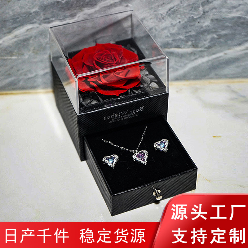 Naxi reina eterna flor Acrílico caja de joyería flores rosa al por mayor caja decorativa regalo del Día de San Valentín