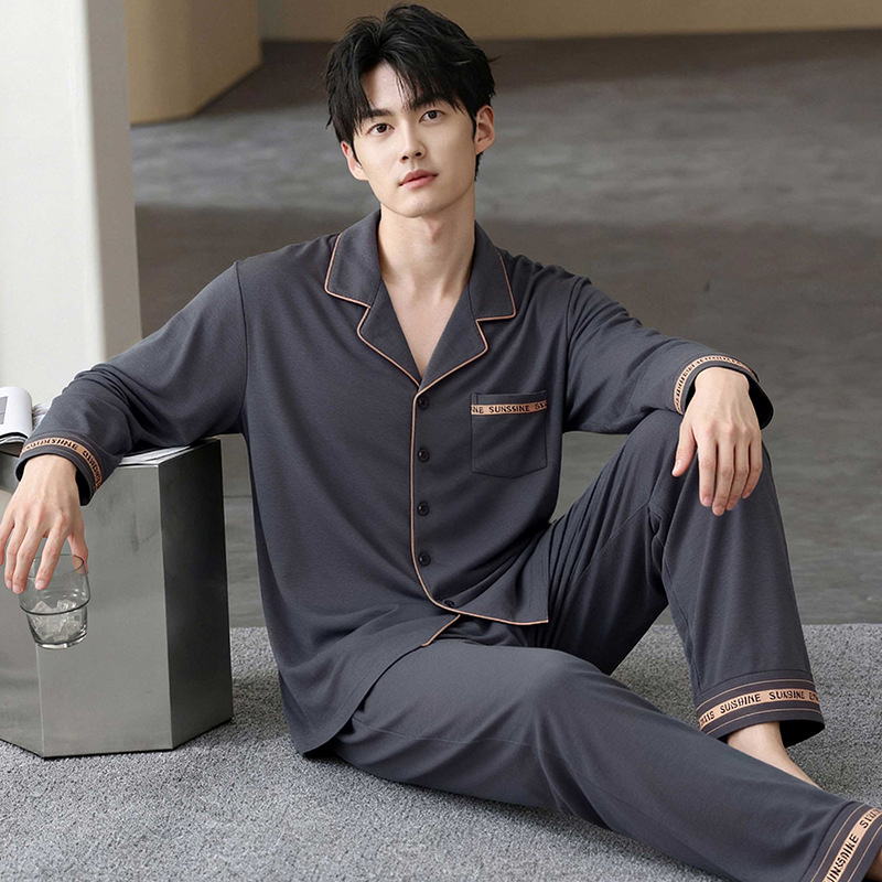 Spring and Autumn 90-140kg Men's Stylish Turn-Down Collar Cardigan Pure Cotton Pajamas Long Sleeve Long Pants Plus Size Loungewear