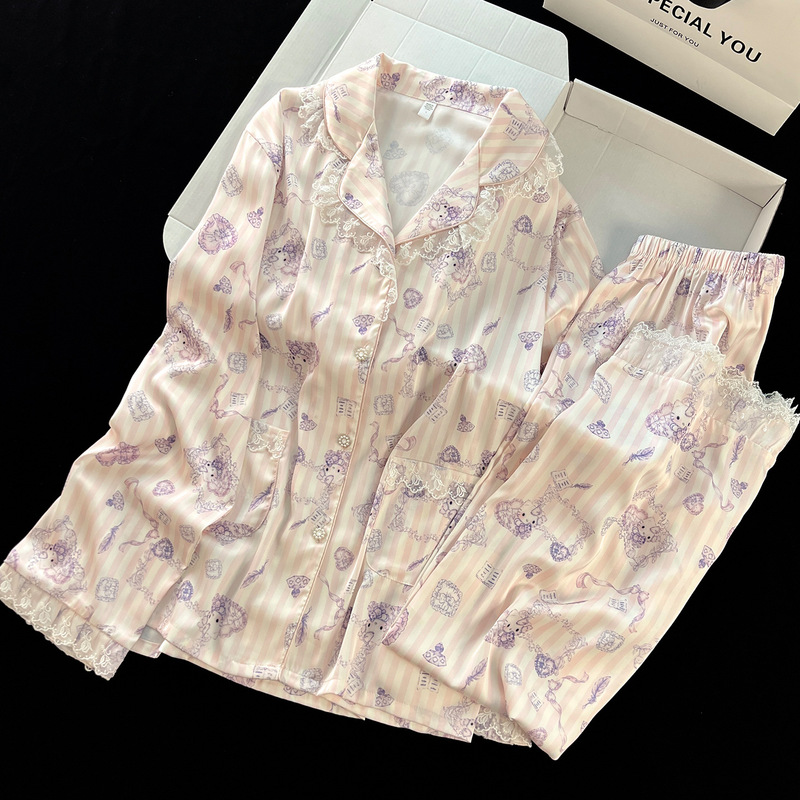 かわいい KT 猫アイスシルクパジャマ女性の夏のラペル半袖ショーツ甘いシルクハイエンドホームウェアセット|undefined