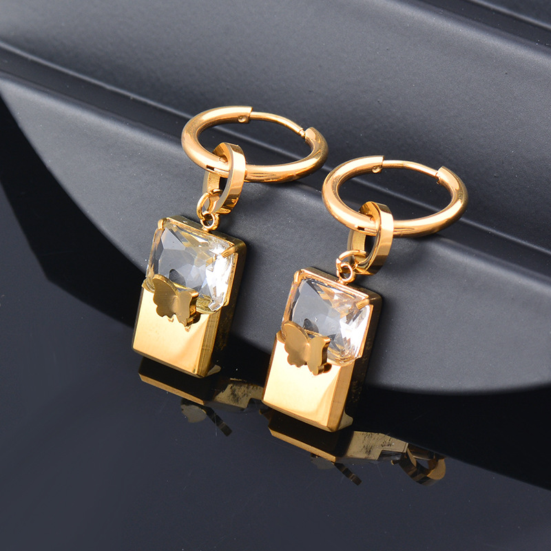 Retro Square Butterfly Titanium Steel Inlay Zircon Drop Earrings 1 Pair display picture 3