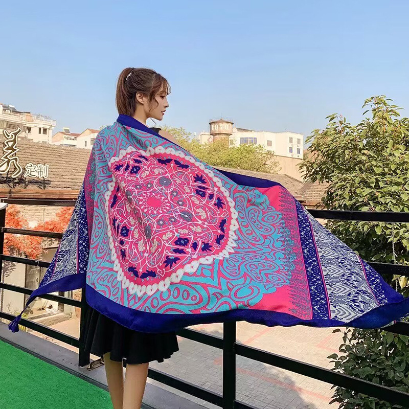 Sopa de satén de twill para mujeres 2025 bufandas de viento nacional de verano tibetanas bufandas de seda protector solar lago Qinghai turismo foto toalla de playa