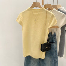 卷边微高领薄款短袖针织女装潮2025夏季新款设计感小香风修身上衣