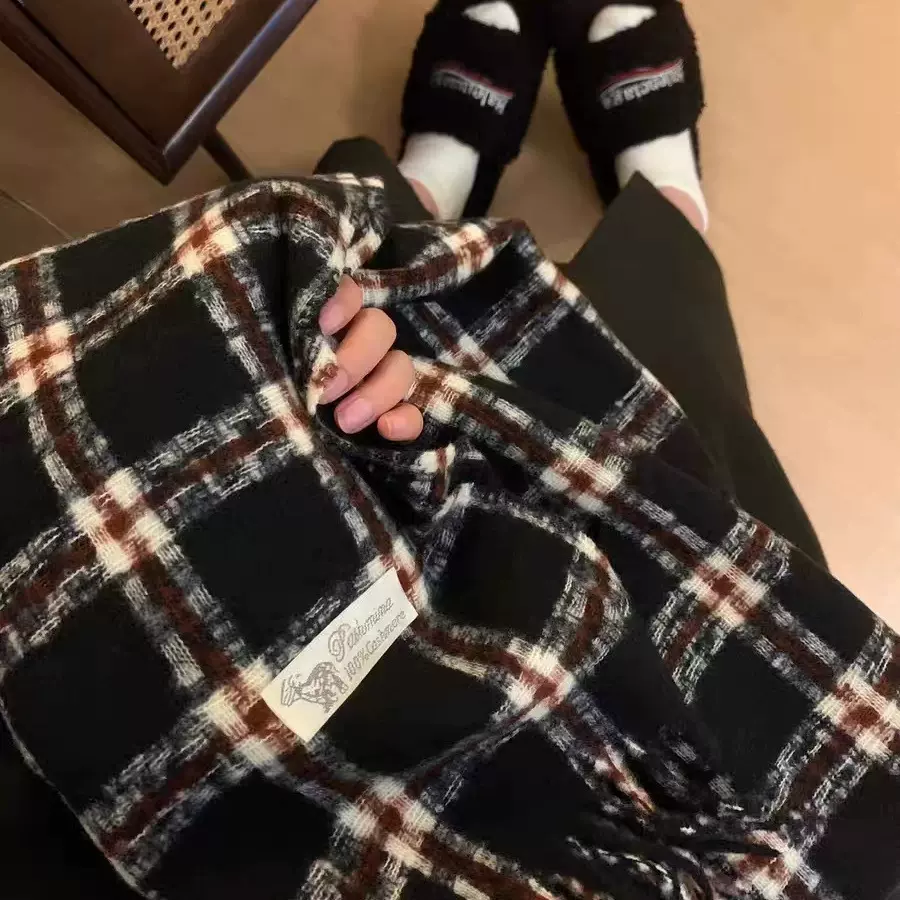 新款韩版拼色格子围巾女冬季高级感仿羊绒围脖学生加厚保暖披肩