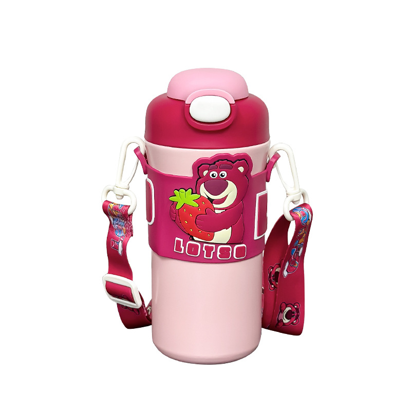 Taza de agua de oso de fresa, taza de paja para niños, taza de aislamiento térmico para niñas para la escuela, tetera de agua para estudiantes, 2024 nueva taza de doble bebida