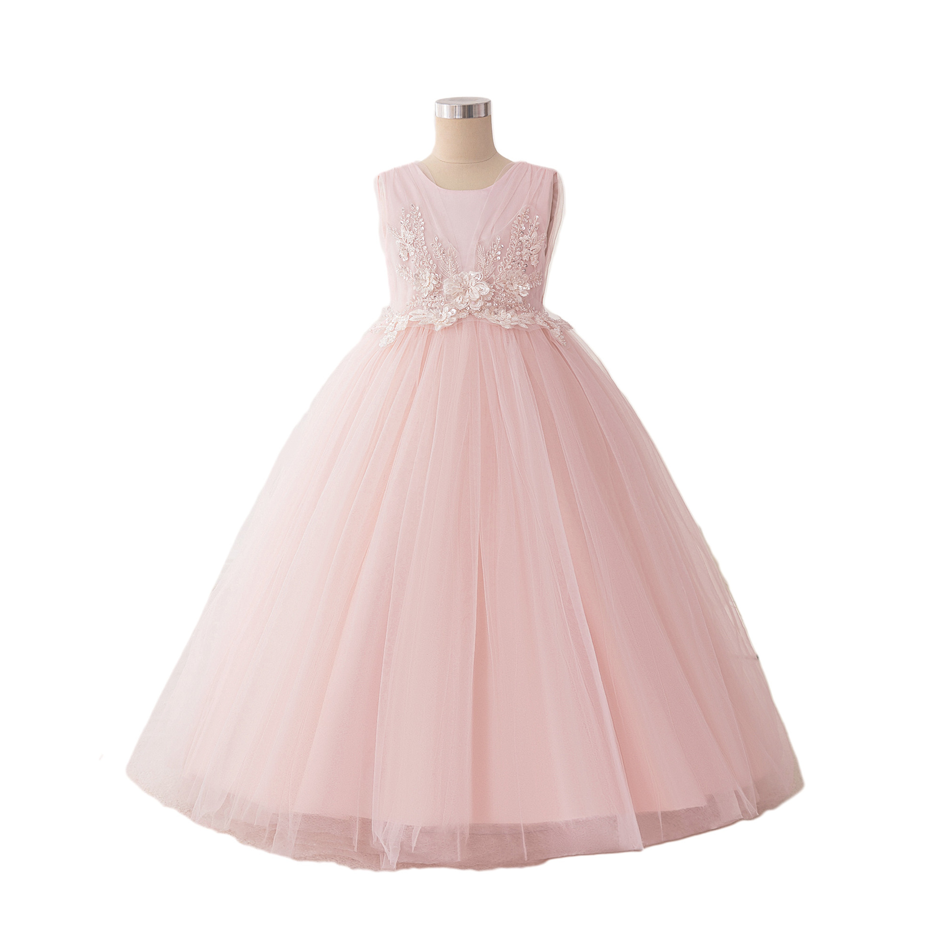Vestido para niños, vestido de princesa, vestido de actuación rosa sin mangas, vestido de fiesta de niña de flores de tela forjada, vestido de noche