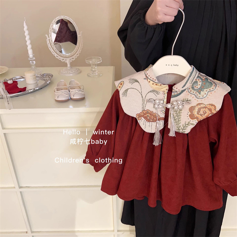 Niñas invierno bordado vestido de hombro nublado vestido de Año Nuevo vestido rojo vestido de Año Nuevo chino vestido de princesa infantil