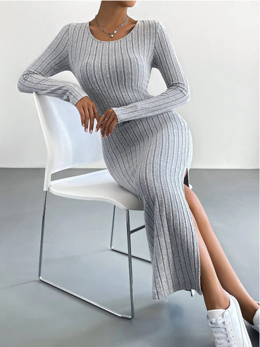 Women's Elegant and Refined Long-Sleeve Round Neck Ribbed Knit A-Line Dress with Slits - 2025 Spring and Autumn New Arrival Cross-Border Style