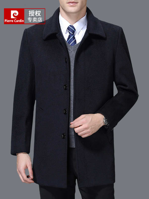 Pierre Cardin Cashmere Outwear Men's Mid-Length Dad Windbreaker Warm and Thickeneded Woolen Outwear for Middle-Aged and Elderly People
