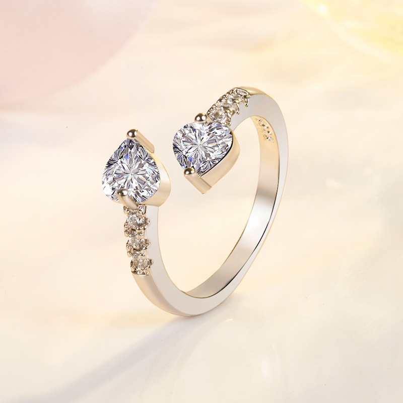 Double Heart Zircon Open Ring For Women Sterling Silver Style_voghion.com