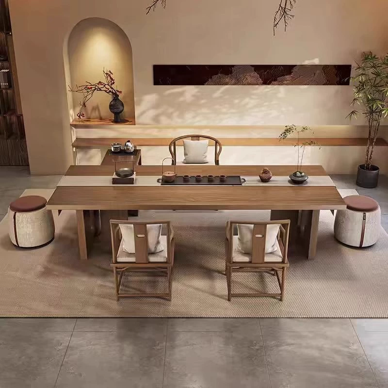 Комбинация чайного стола и стула из цельного дерева в стиле ваби-саби, чайный столик в скандинавском стиле для чайной комнаты, офиса, приема, простой чайный столик из бревенчатой ​​большой доски