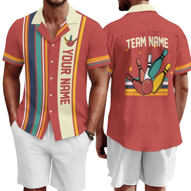 2026 New Men's Casual Fashion Bowling Print Cuban Collar Short-Sleeved Shirt Retro Sports Style Shirt
