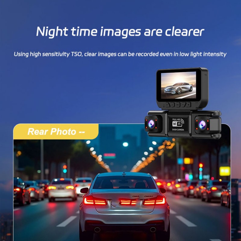 360-degree four-lens dashcam with WiFi mobile phone connectivity, infrared night vision, and loop recording