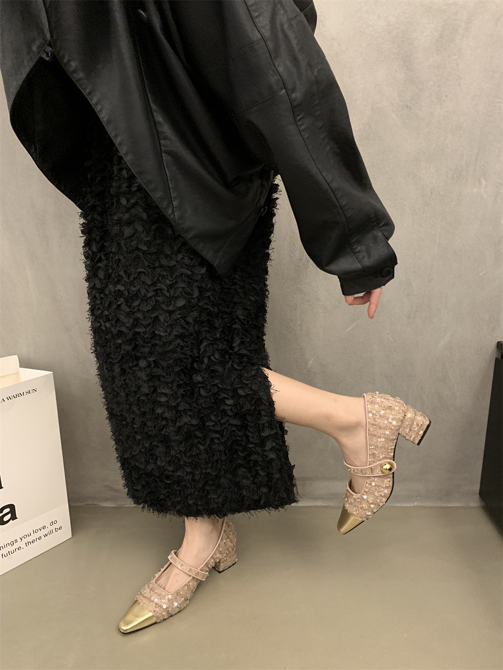 Chanel estilo tacones altos primavera y otoño tacón grueso noche lentejuelas zapatos de una sola capa zapatos de mujer estilo francés vestido negro Mary Jane zapatos